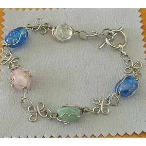 Vintage Artisan Wire Wrapped Blue Pink Green Glass Bead Bracelet 8.5in 10g